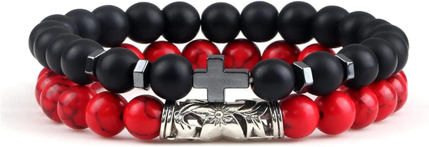 Cross Bracelets Set Hot Men Natural Wood Beads Lava Tiger Eye Stone Onyx Meditation Prayer Bracelet Women Yoga Jewelry Pulseras,Set 4
