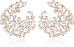 Crystal Flower Floral Stud Earrings for Women 14k Gold Plated Fashion Rhinestone CZ Cluster Floral Bridal Earrings for Wedding Bride Bridesmaids Party Prom