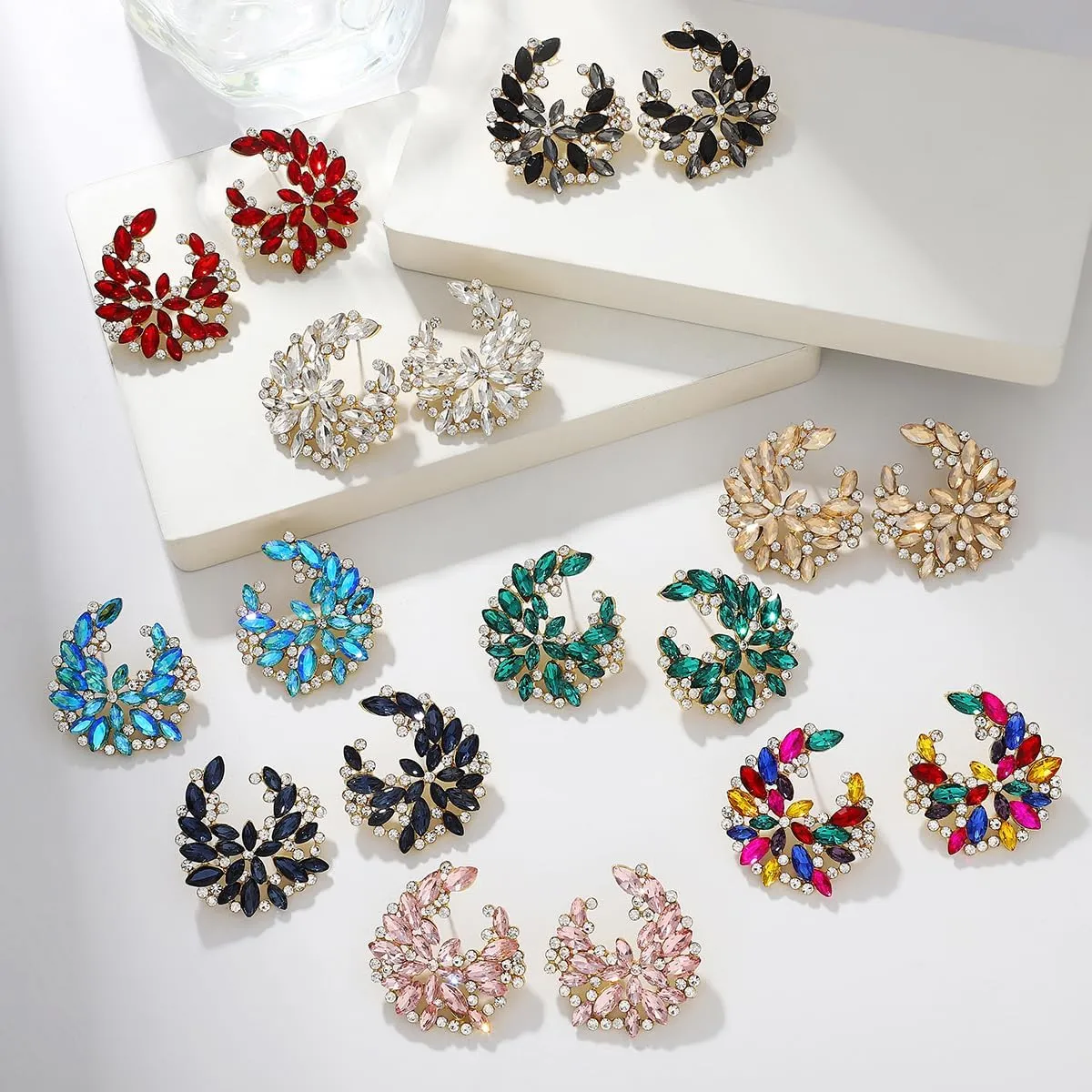 Crystal Flower Floral Stud Earrings for Women 14k Gold Plated Fashion Rhinestone CZ Cluster Floral Bridal Earrings for Wedding Bride Bridesmaids Party Prom