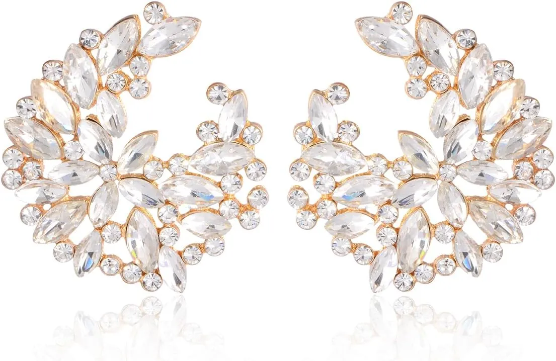 Crystal Flower Floral Stud Earrings for Women 14k Gold Plated Fashion Rhinestone CZ Cluster Floral Bridal Earrings for Wedding Bride Bridesmaids Party Prom