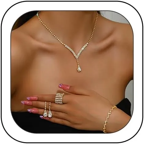 Crystal Necklace, Earrings, and Bracelet Set - Silver Rhinestone Choker for Prom Dresses - Costume Accessories for Women - Bridal Wedding Jewelry
