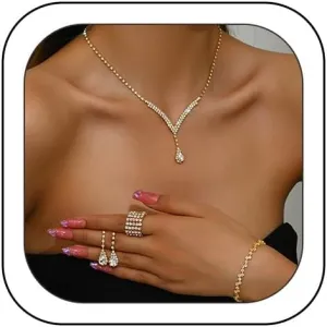 Crystal Necklace, Earrings, and Bracelet Set - Silver Rhinestone Choker for Prom Dresses - Costume Accessories for Women - Bridal Wedding Jewelry