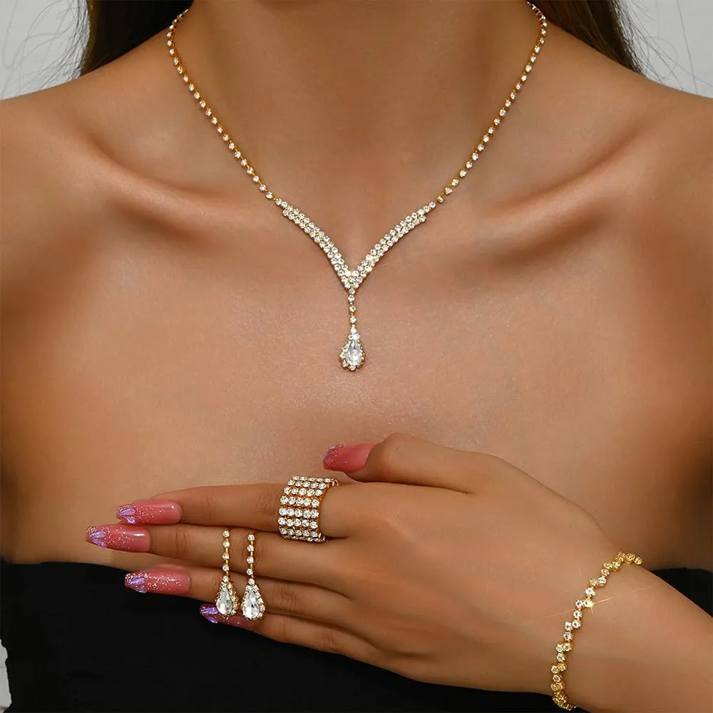 Crystal Necklace, Earrings, and Bracelet Set - Silver Rhinestone Choker for Prom Dresses - Costume Accessories for Women - Bridal Wedding Jewelry