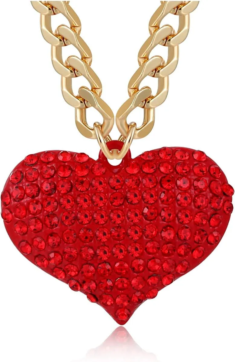 Crystal Red Heart Necklace Hip Hop Gold Chunky Choker Necklace Cuban Link Chain Heart Pendant Statement Jewelry