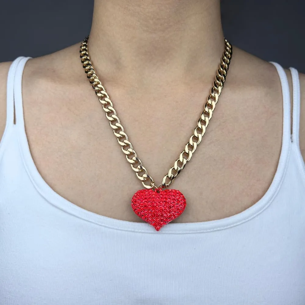 Crystal Red Heart Necklace Hip Hop Gold Chunky Choker Necklace Cuban Link Chain Heart Pendant Statement Jewelry