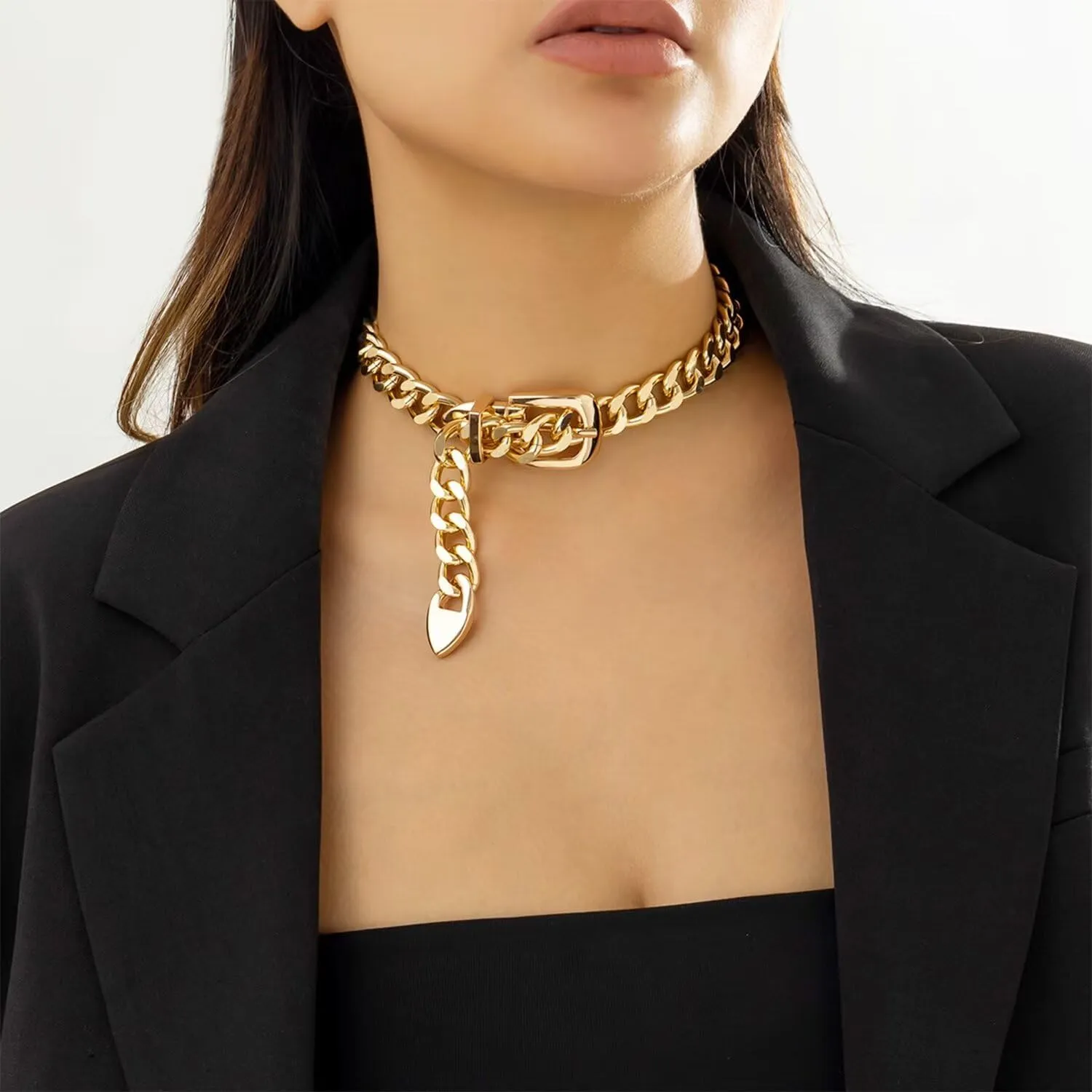 Cuban Link Chain Necklace Punk Belt Buckle Shaped Chunky Choker Necklace Statement Thick Chain Necklace Jewelry Gifts for Women Men