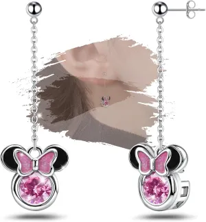Cute Dangle Earrings for Girls Teens Women - Sterling Silver Hypoallergenic Pink Cubic Zirconia Mouse Drop Dangling Earrings Dainty Lovely Studs Adorable Gifts for Daughter Granddaughter