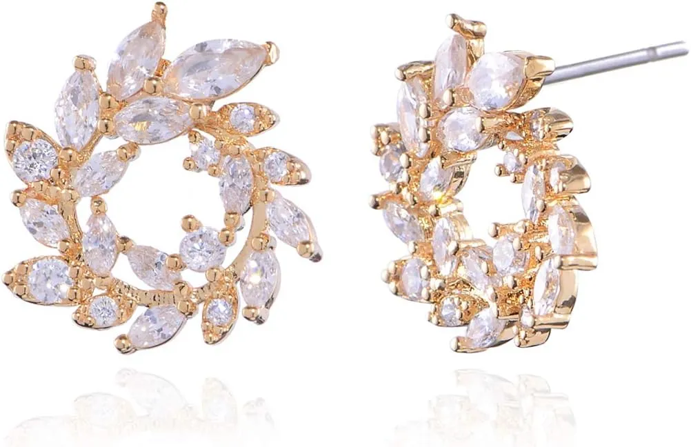 CZ Cluster Earrings for Women Gorgeous Marquis-Cut Cubic Zirconia Curved Bridal Wedding Banquet Stud Earrings for Bride Bridesmaids Fashion Olive Branch Stud Earring Leaves Shape Jewelry