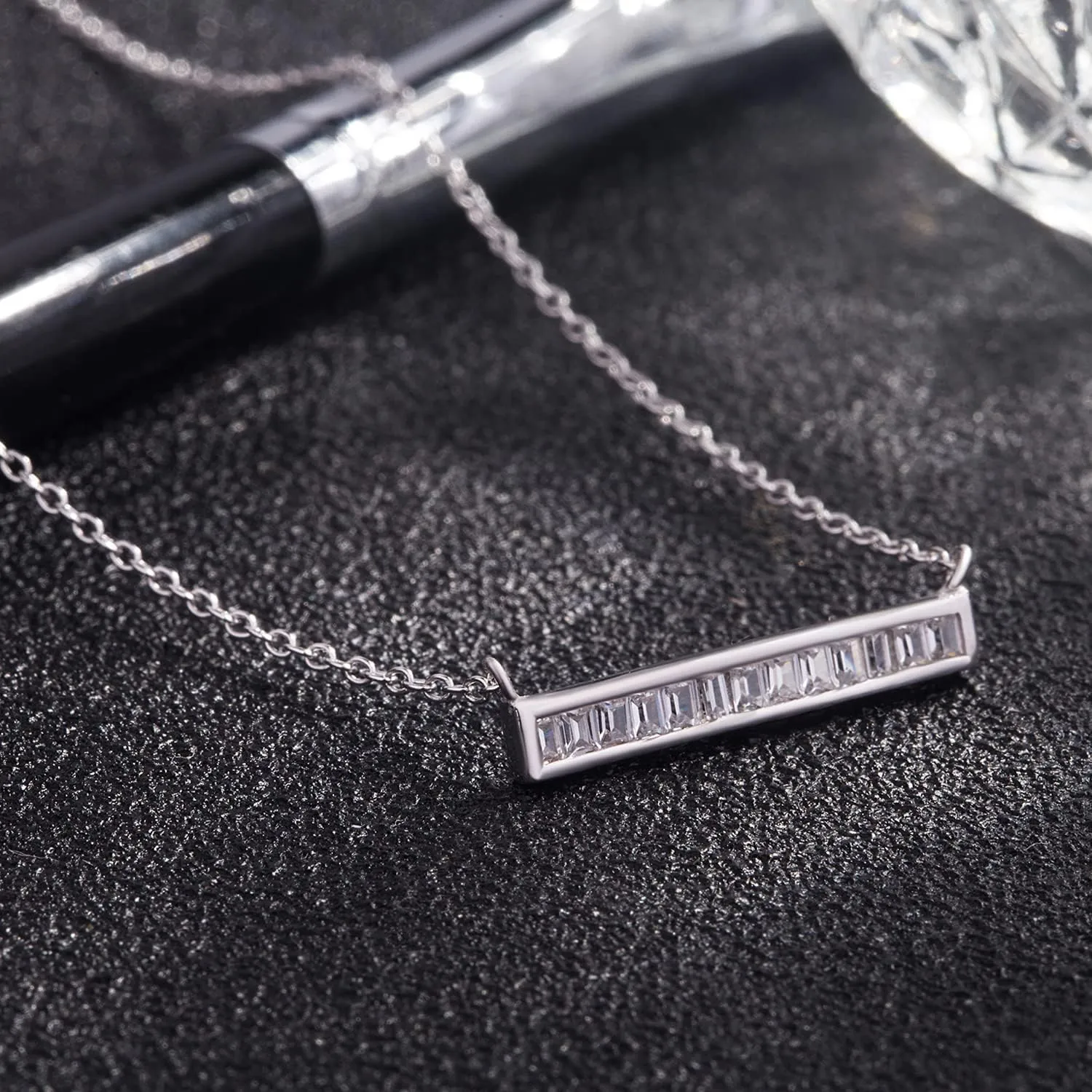 Dainty 925 Sterling Silver Cubic Zirconia Pendant Necklace Women Horizontal bar Letter Number Plant Flower Choker 18" Fine Jewelry Gifts for Wife Her