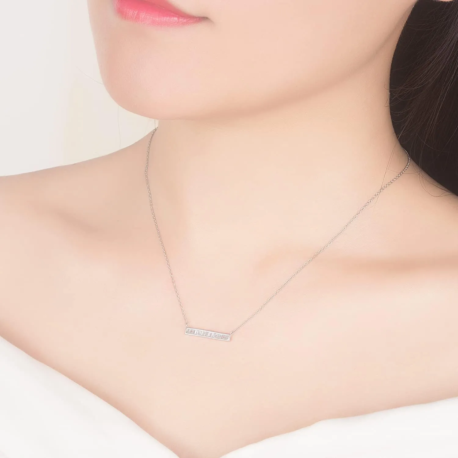 Dainty 925 Sterling Silver Cubic Zirconia Pendant Necklace Women Horizontal bar Letter Number Plant Flower Choker 18" Fine Jewelry Gifts for Wife Her
