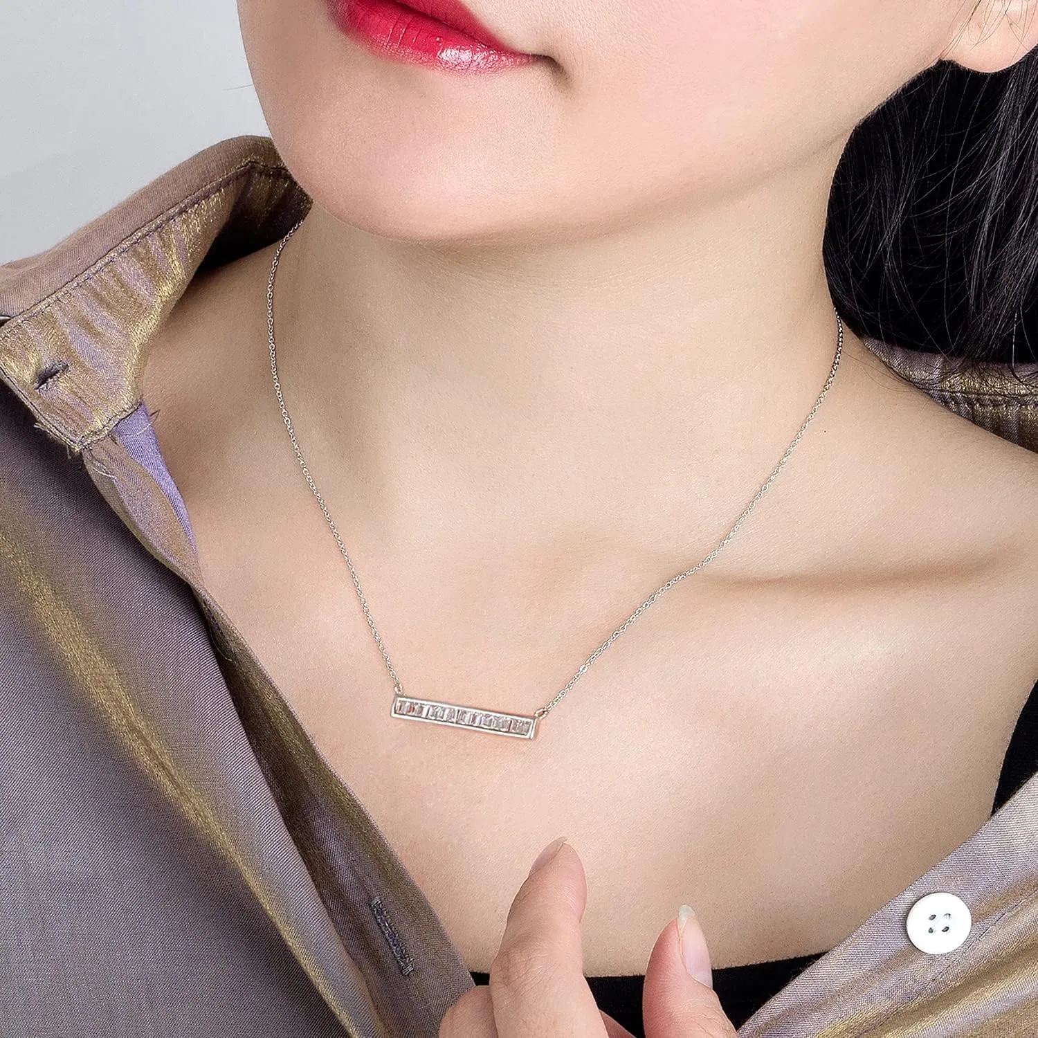 Dainty 925 Sterling Silver Cubic Zirconia Pendant Necklace Women Horizontal bar Letter Number Plant Flower Choker 18" Fine Jewelry Gifts for Wife Her