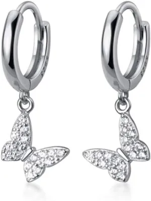 Dainty Butterfly Dangle Hoop Earrings 925 Sterling Silver for Women Cute CZ Crystal Diamond Sparkly Charm Drop Cartilage Small Huggie Hoops 10mm Fashion Jewelry Christmas Gifts Hypoallergenic