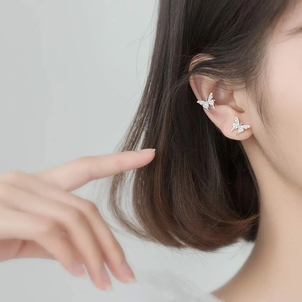 Dainty Butterfly Ear Cuffs Stud Earrings 925 Sterling Silver for Women Fashion Crystal CZ Non Piercing Clip On Cartilage Studs Earring Wraps Wedding Jewelry Gifts Hypoallergenic