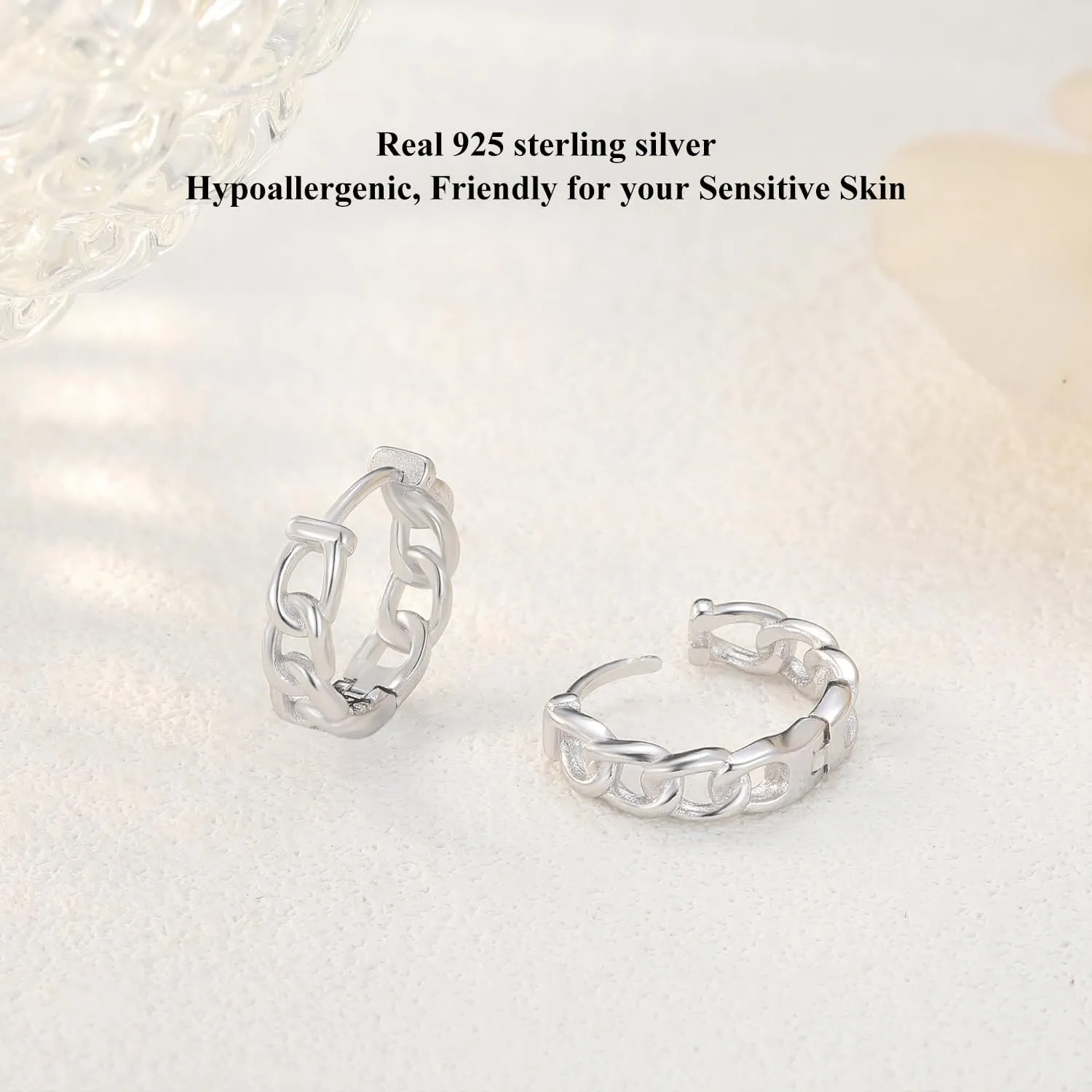 Dainty Chain Link Hoop Earrings for Women, Sterling Silver Simple Curb Huggie Earrings, Hypoallergenic Jewelry Gift for Her