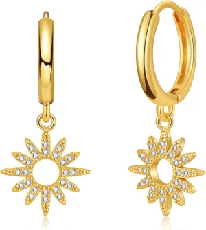 Dainty CZ Sun Charm Small Hoop Gold Earrings for Women Vintage Statement Cubic Zirconia Sunburst Dangle Drop Earring Boho Summer Beach Huggie Hoops Cartilage Hypoallergenic Fashion Jewelry for Her