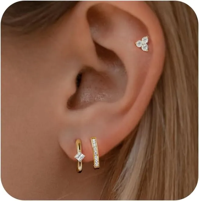 Dainty Gold Earrings Set, 14K Gold Plated Small CZ Star Butterfly Stud & Hoop Earrings - Hypoallergenic, Trendy Gifts for Her