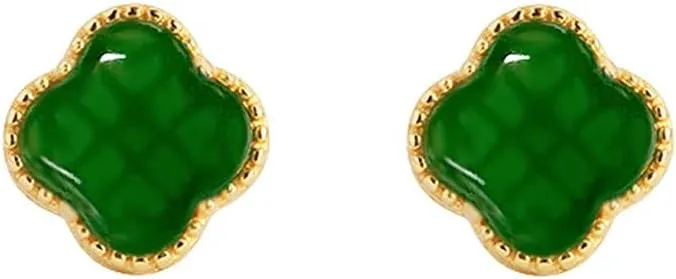 Dainty Green Jade Four Leaf Clover Stud Earrings for Women Gold Plated Cartilage Sensitive Ear Piercing Tiny Sleeper Studs Hypoallergenic Fasion Holiday Party Jewelry