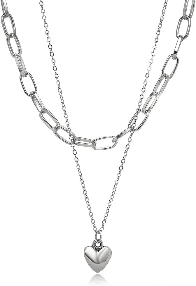 DATOA Chunky Layered Rectangle Paper Clip Chain Link Choker Heart Pendant Necklace Statement MinimalistThick Chain Jewelry For Woman