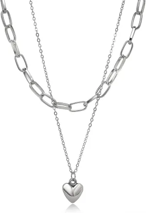 DATOA Chunky Layered Rectangle Paper Clip Chain Link Choker Heart Pendant Necklace Statement MinimalistThick Chain Jewelry For Woman