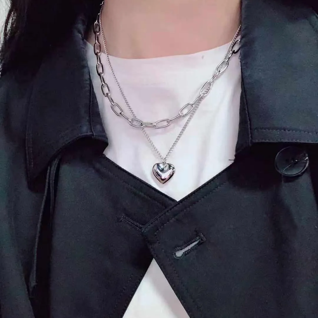 DATOA Chunky Layered Rectangle Paper Clip Chain Link Choker Heart Pendant Necklace Statement MinimalistThick Chain Jewelry For Woman