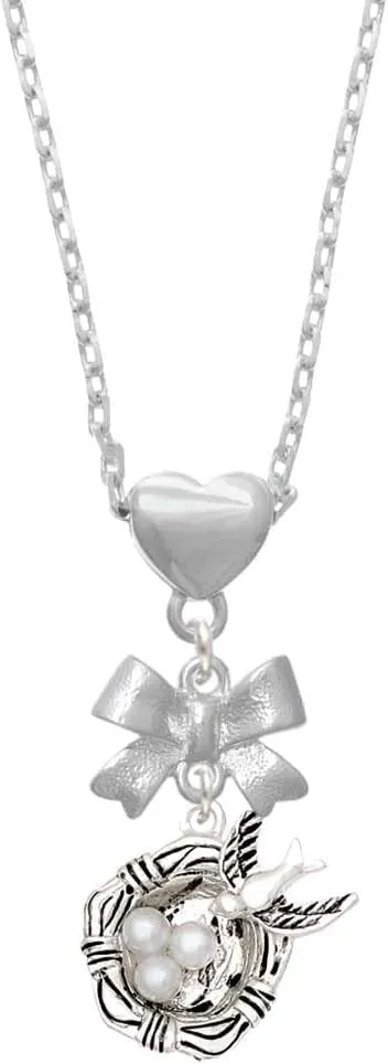 Delight Jewelry Silvertone Birds Nest with Imitation Pearl Eggs Silvertone Bow Heart Necklace, 18 2" Extender