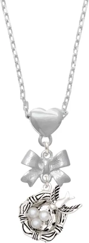Delight Jewelry Silvertone Birds Nest with Imitation Pearl Eggs Silvertone Bow Heart Necklace, 18 2" Extender