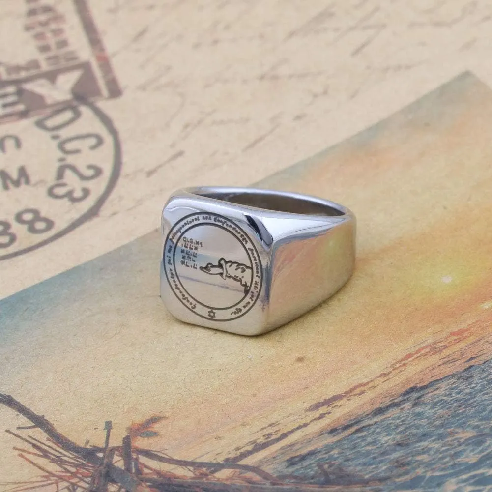 Detailed Engraved Fourth Pentacle of The Moon Mens Womens for Protection Stainless Steel Polished Talisman Ring
