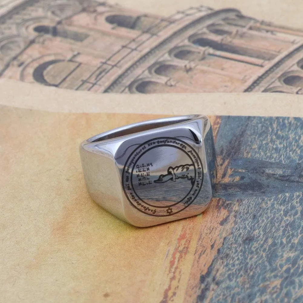 Detailed Engraved Fourth Pentacle of The Moon Mens Womens for Protection Stainless Steel Polished Talisman Ring