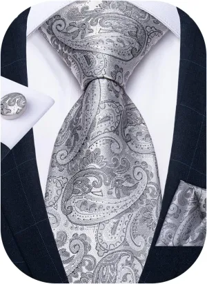 DiBanGu Mens Tie Set Paisley Floral Necktie Hanky Cufflinks Silk Tie Set Party Wedding
