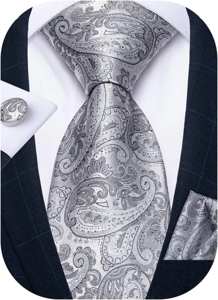DiBanGu Mens Tie Set Paisley Floral Necktie Hanky Cufflinks Silk Tie Set Party Wedding