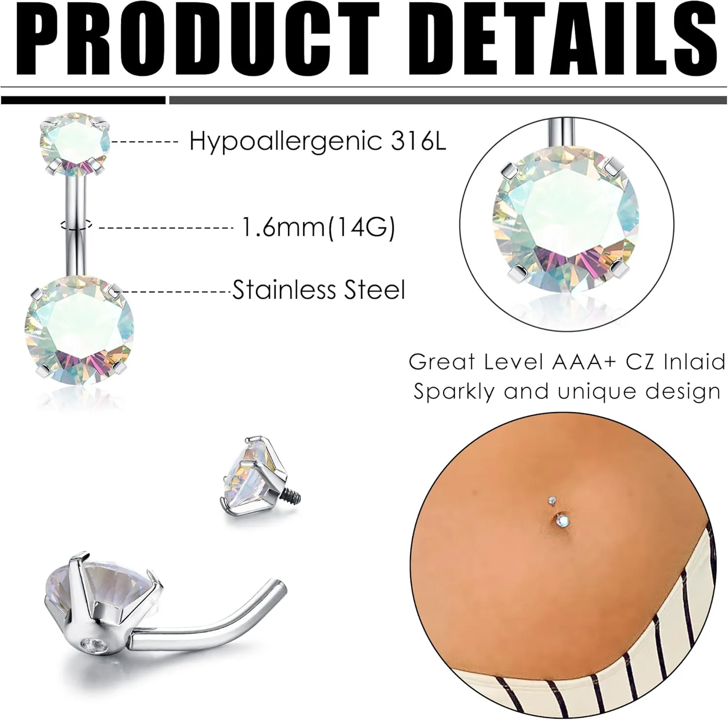 Dochais 8Pcs Surgical Stainless Steel Belly Button Rings for Women - Cute Pink Butterfly Cubic Zirconia Heart Body Piercing Jewelry