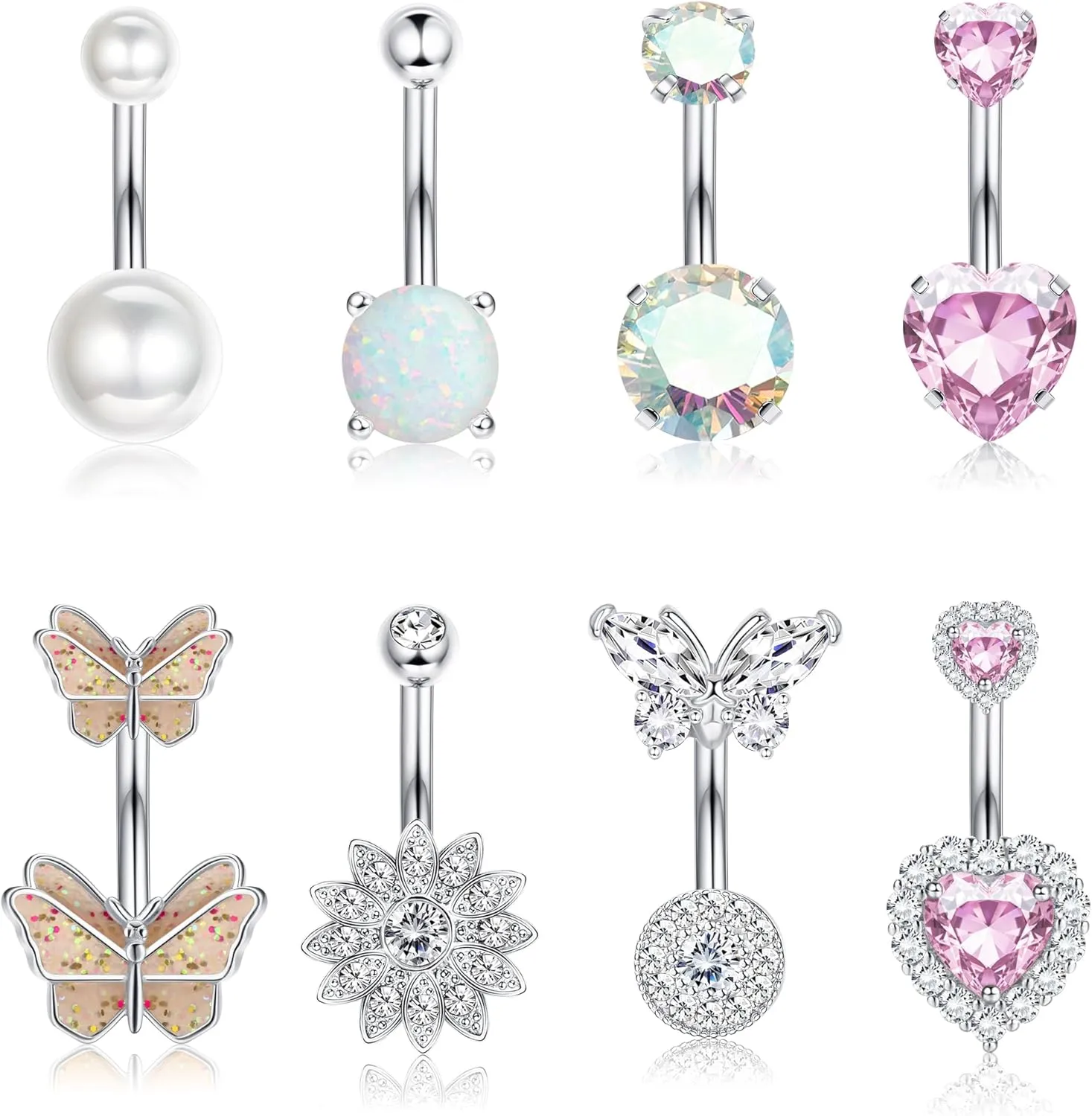 Dochais 8Pcs Surgical Stainless Steel Belly Button Rings for Women - Cute Pink Butterfly Cubic Zirconia Heart Body Piercing Jewelry