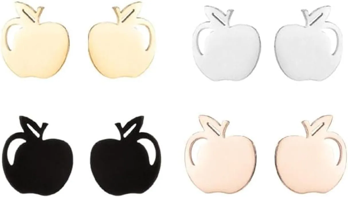Dreuyet Teacher Stud Earrings Asymmetric Apple Pencil Stud Earrings for Women Stainless Steel Tiny Cute Apple Fruit Stud Earrings Teacher Appreciation Gifts, 4 Pairs
