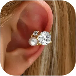 Ear Cuffs Non Piercing Non-Pierced Ear Cuffs with Pearl Rhinestone Cartilage Gold-Tone Clip-On Earrings for Women Trendy Adjustable Jewelry Gift 2025 Fashion