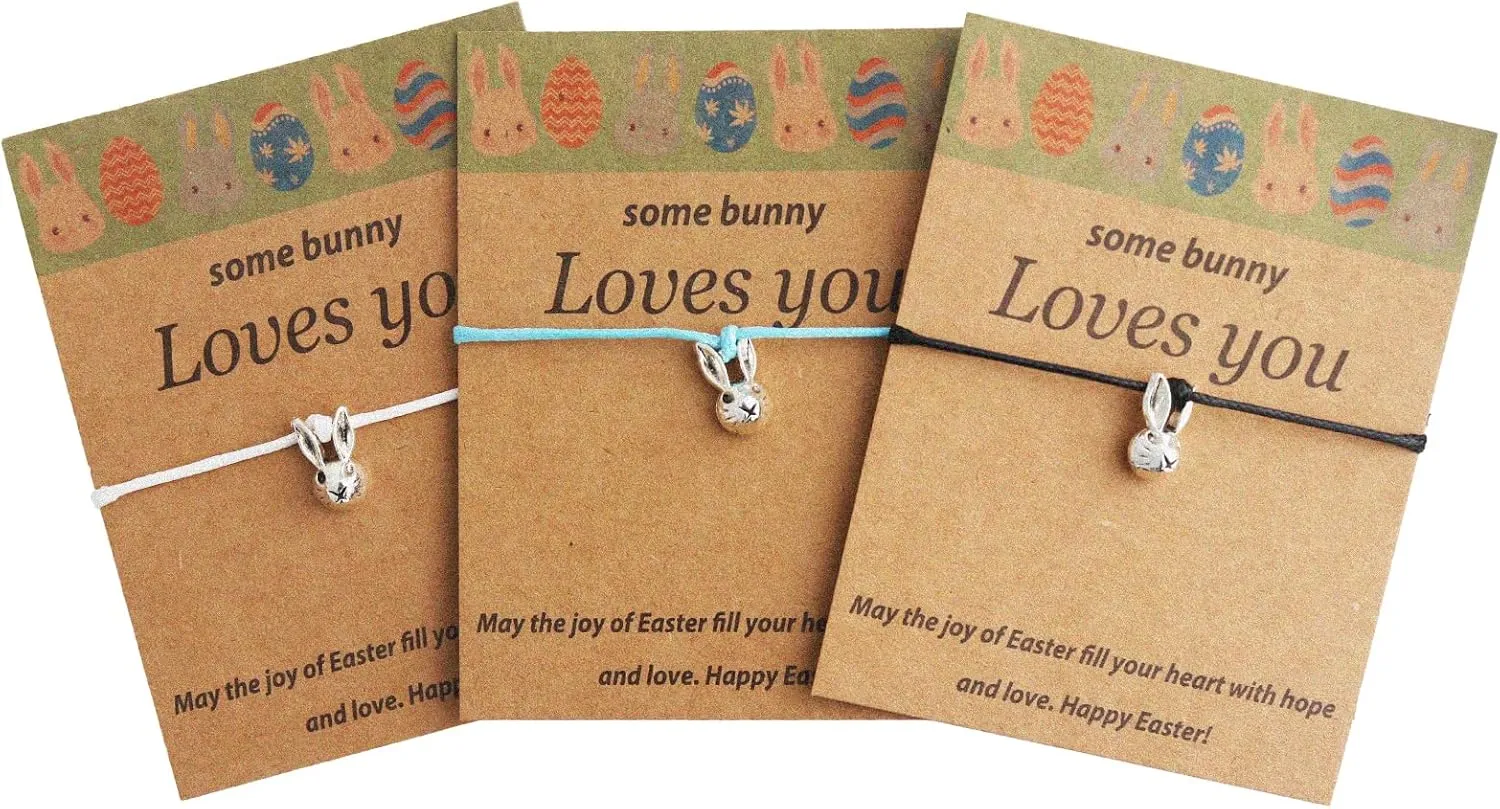 Easter Gifts for Girls Boys, 3 PCS Bunny Bracelets Friendship Pendant with Cards, Charm Jewelry for Kids Teens