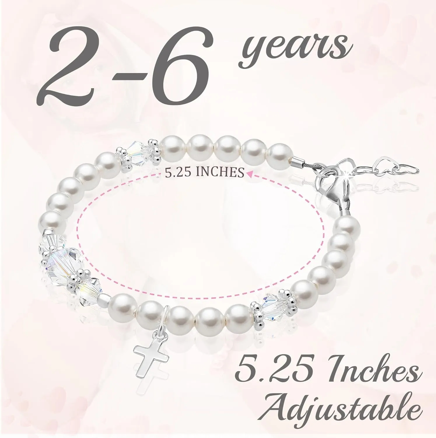 Elegant Sterling Silver Cross Charm Baptism Bracelet - Baptism Gifts for Girl with White simulated Pearls and European Crystals, Girls Jewelry, Bracelets for Girls