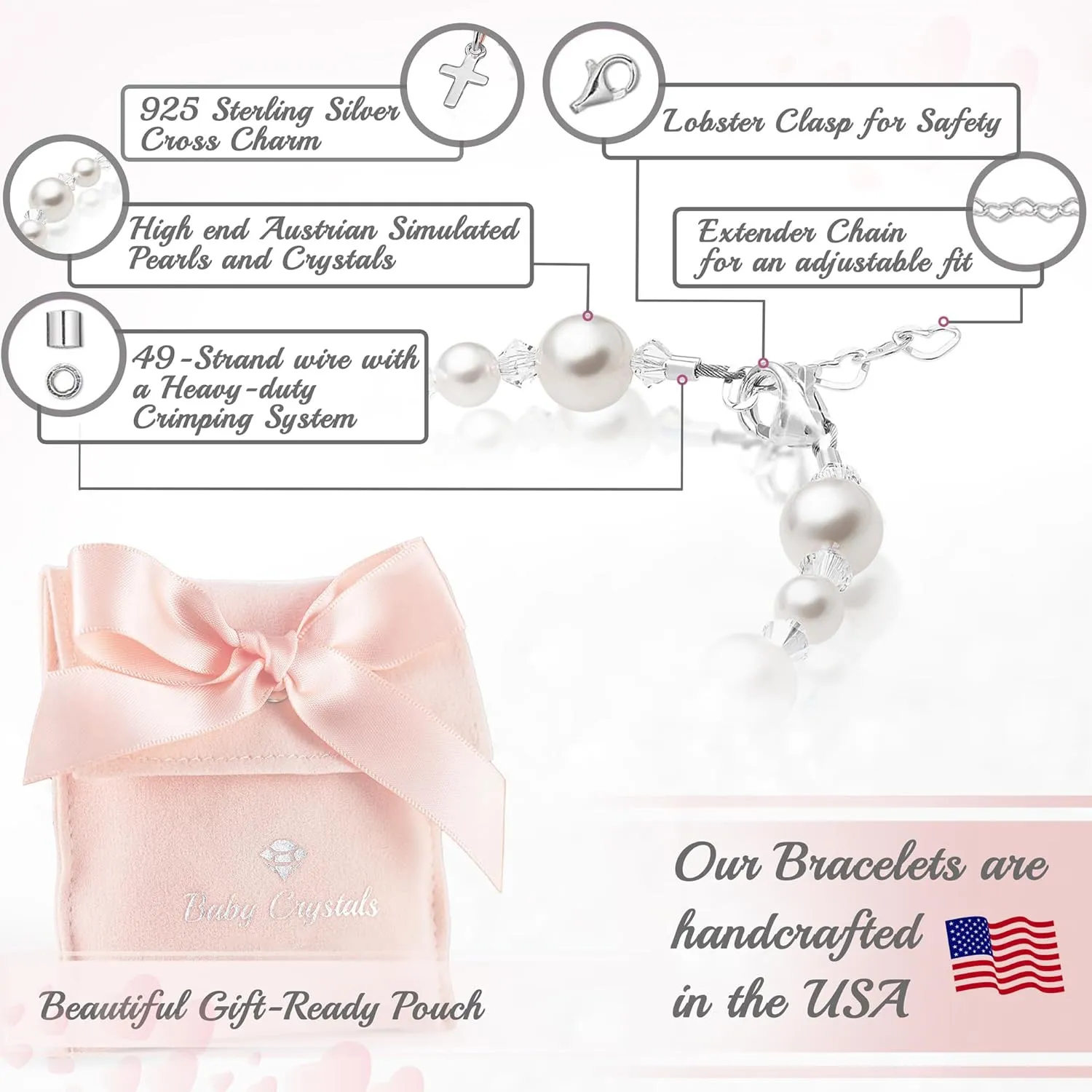 Elegant Sterling Silver Cross Charm Baptism Bracelet - Baptism Gifts for Girl with White simulated Pearls and European Crystals, Girls Jewelry, Bracelets for Girls