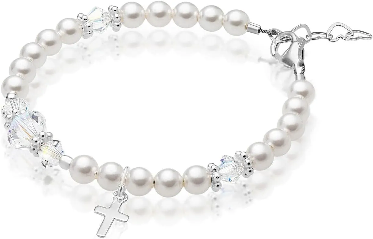Elegant Sterling Silver Cross Charm Baptism Bracelet - Baptism Gifts for Girl with White simulated Pearls and European Crystals, Girls Jewelry, Bracelets for Girls