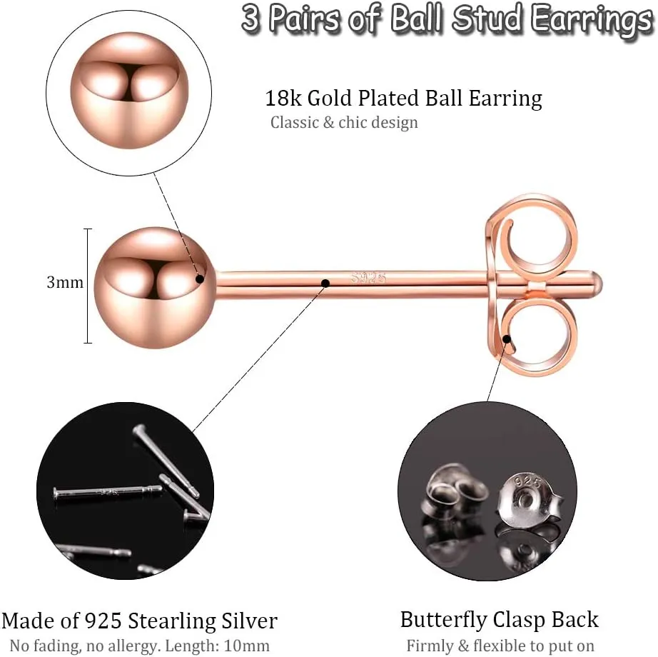 EPIRORA Sterling Silver Stud Earrings for Women Men- 3 Pairs 3mm Tiny Ball Stud Earrings Round CZ Earrings Pearl Earrings Set Cartilage Small Tragus Earrings