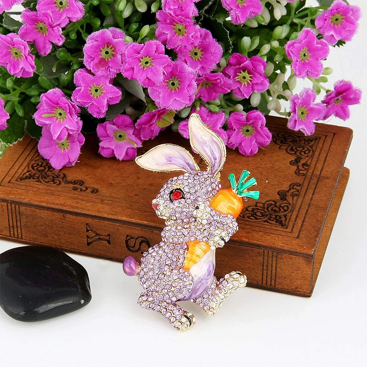 EVER FAITH Austrian Crystal Enamel Adorable Rabbit with Carrot Brooch Pendant