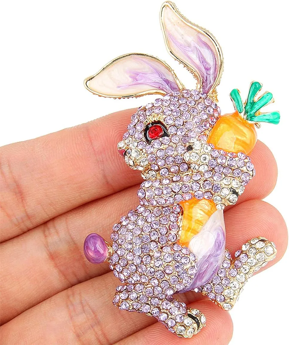 EVER FAITH Austrian Crystal Enamel Adorable Rabbit with Carrot Brooch Pendant