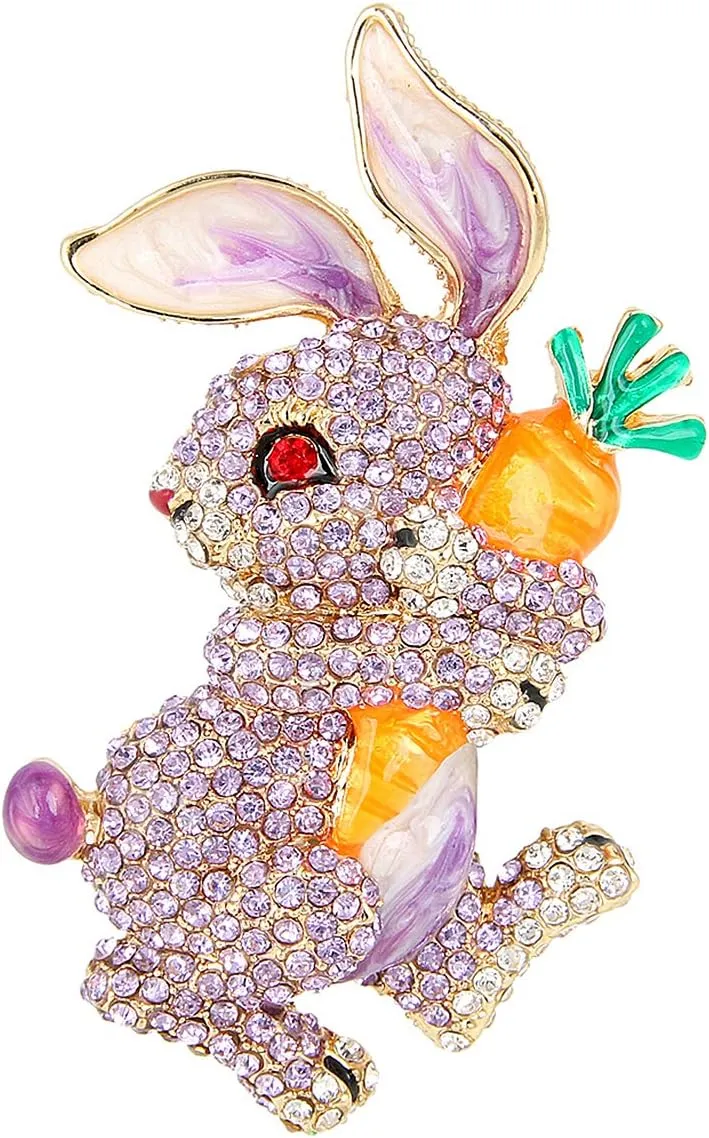 EVER FAITH Austrian Crystal Enamel Adorable Rabbit with Carrot Brooch Pendant