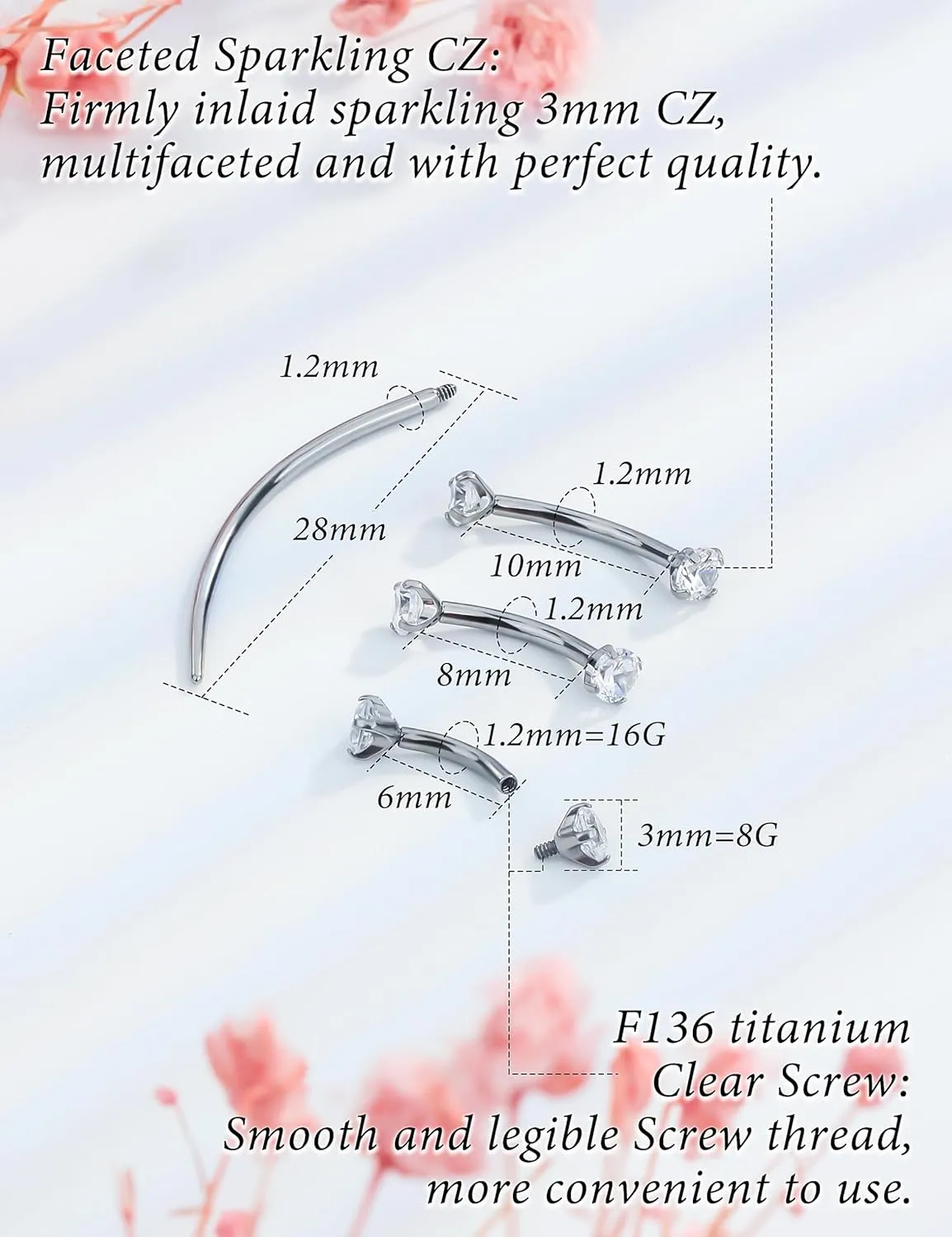 Eyebrow Piercing Jewelry F136 Titanium Internally & externally Threaded Curved Barbell Vertical Labret Lip Jewelry Ear Rook Navel Belly Button Ring Women Men 20g 18g 16g 6mm/8mm/10mm/12mm