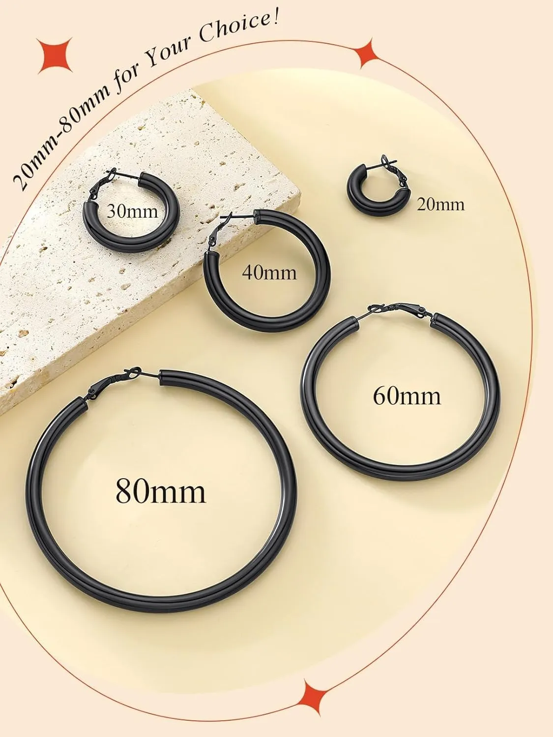 FaithHeart Chunky Hoop Earrings for Women, Silver/Black/14K Gold Plated Stainless Steel Earrings Hollow Tube Hoops Hypoallergenic Lightweight Earring 20/30/40/60/80mm