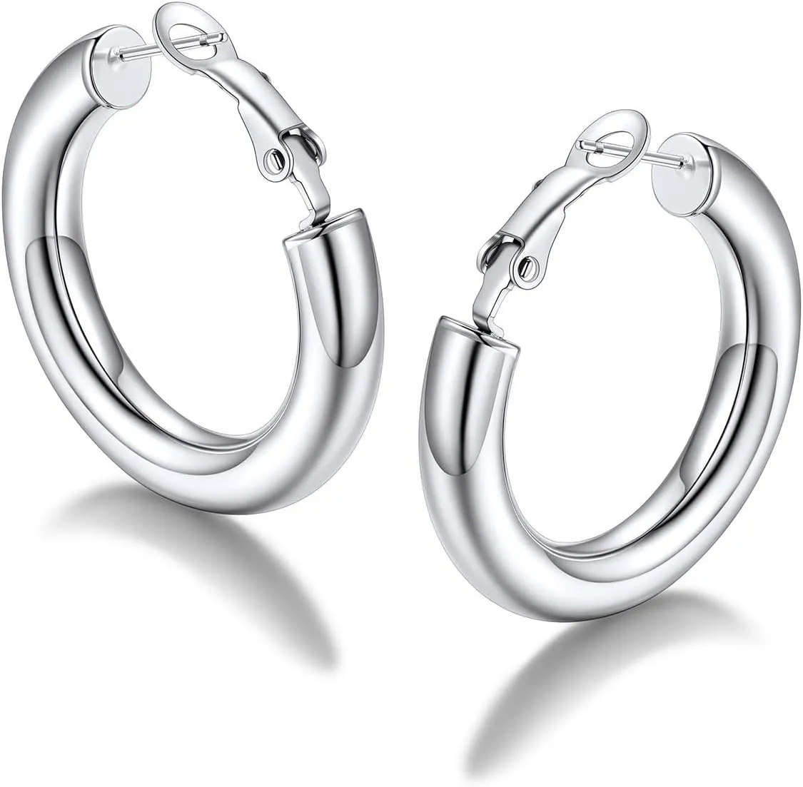FaithHeart Chunky Hoop Earrings for Women, Silver/Black/14K Gold Plated Stainless Steel Earrings Hollow Tube Hoops Hypoallergenic Lightweight Earring 20/30/40/60/80mm
