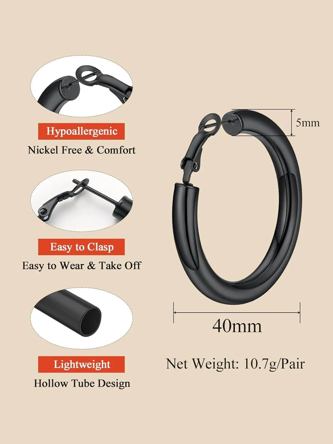 FaithHeart Chunky Hoop Earrings for Women, Silver/Black/14K Gold Plated Stainless Steel Earrings Hollow Tube Hoops Hypoallergenic Lightweight Earring 20/30/40/60/80mm
