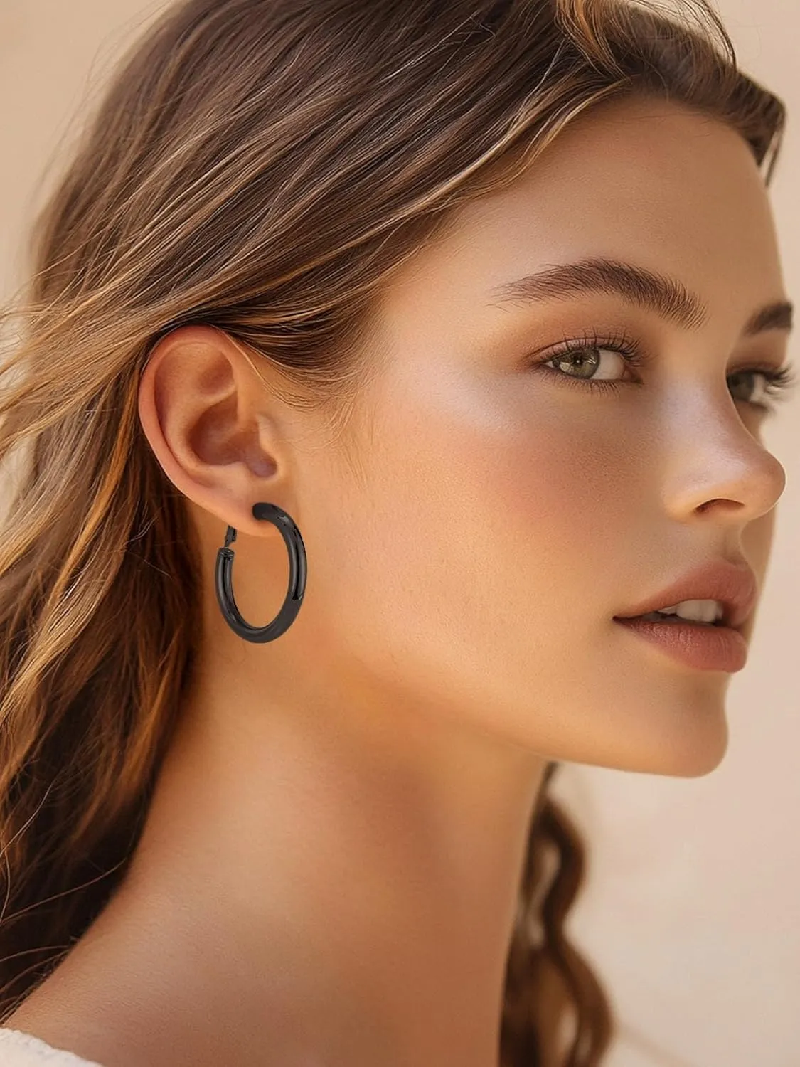 FaithHeart Chunky Hoop Earrings for Women, Silver/Black/14K Gold Plated Stainless Steel Earrings Hollow Tube Hoops Hypoallergenic Lightweight Earring 20/30/40/60/80mm