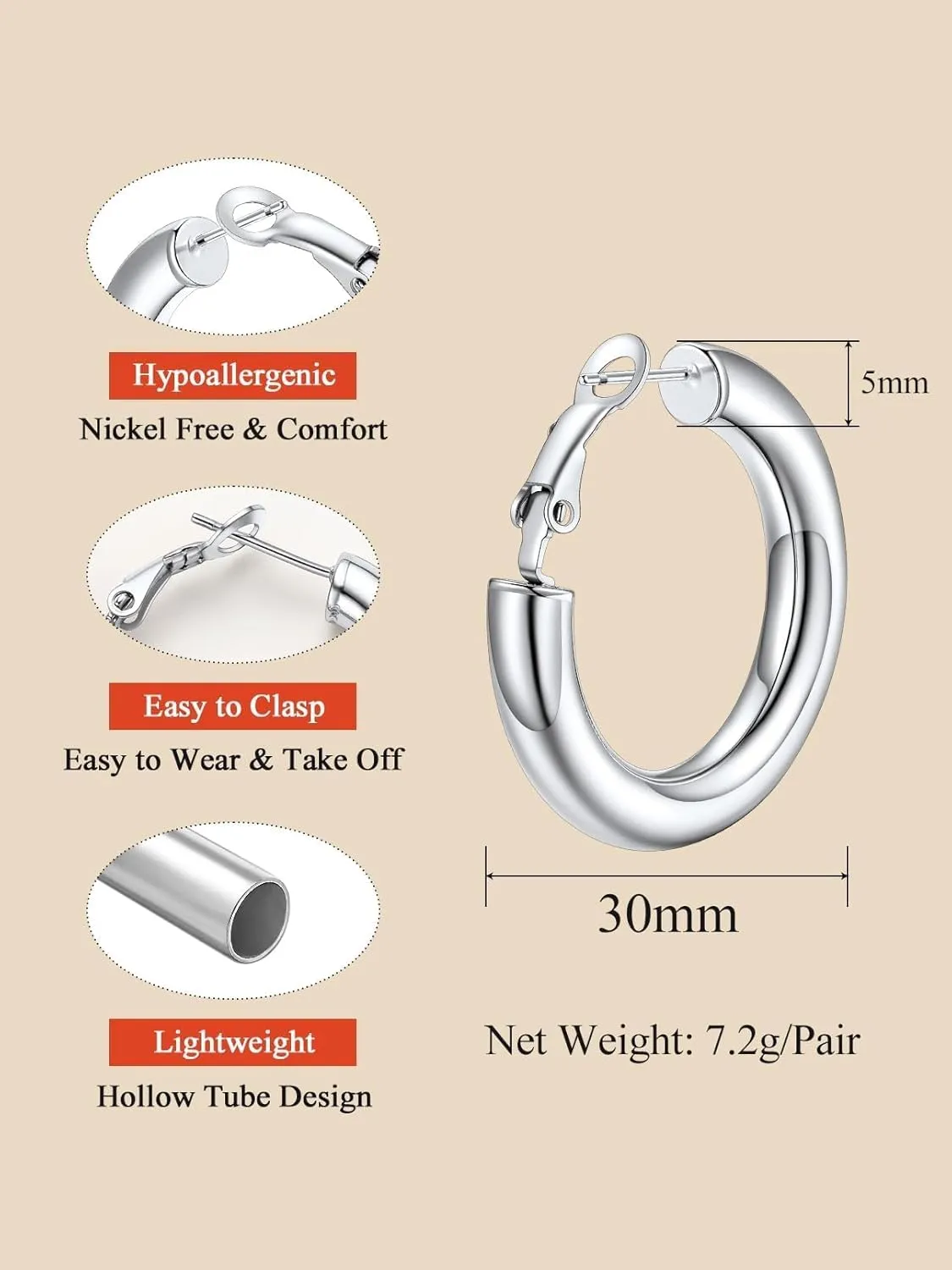 FaithHeart Chunky Hoop Earrings for Women, Silver/Black/14K Gold Plated Stainless Steel Earrings Hollow Tube Hoops Hypoallergenic Lightweight Earring 20/30/40/60/80mm