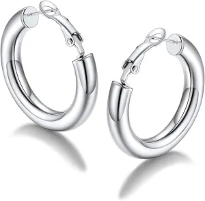 FaithHeart Chunky Hoop Earrings for Women, Silver/Black/14K Gold Plated Stainless Steel Earrings Hollow Tube Hoops Hypoallergenic Lightweight Earring 20/30/40/60/80mm
