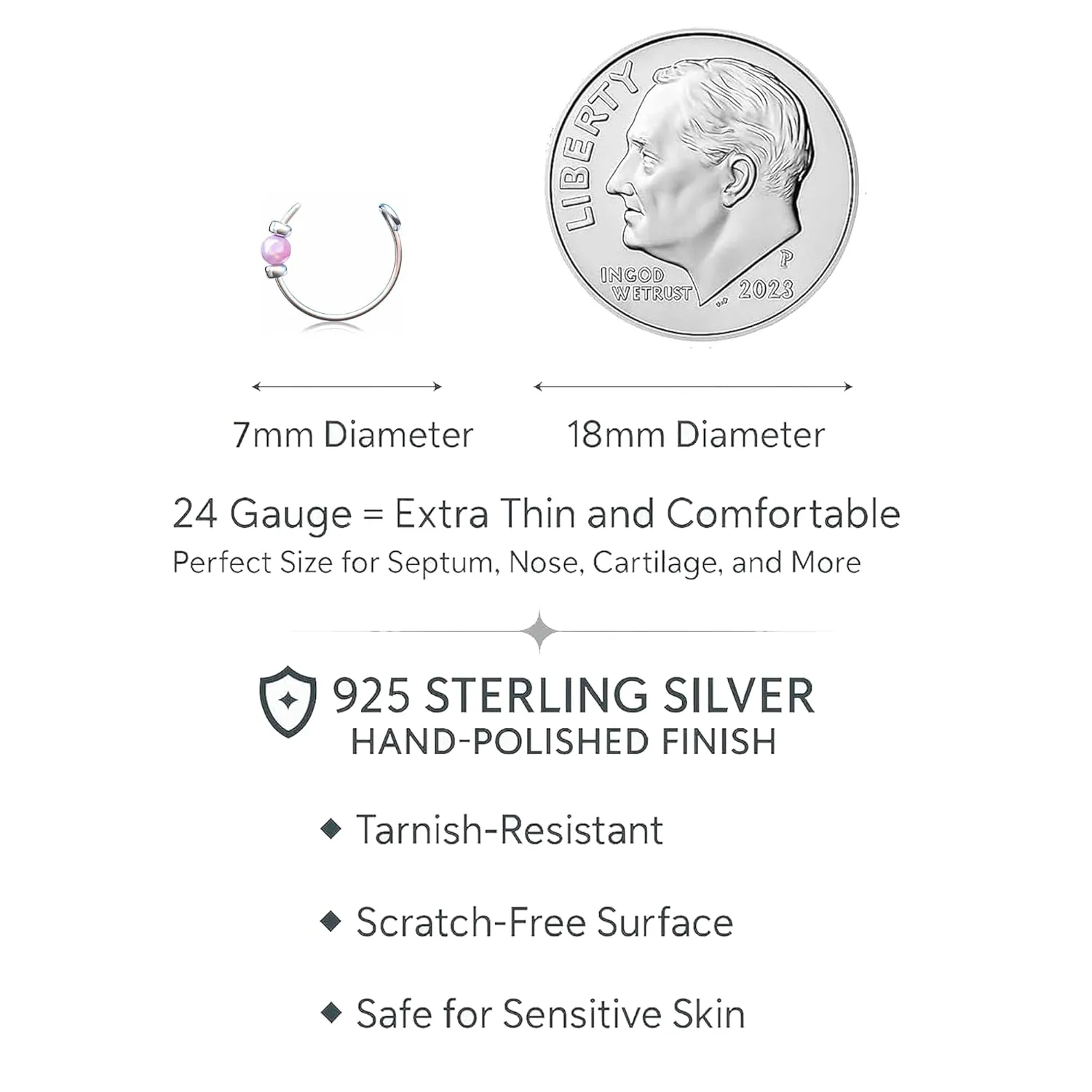 Fake Nose Ring - Silver PInk Opal Thin Tiny 24 Gauge 7mm Faux Nose Piercing - 925 Sterling Silver Clip On False Nose Rings Hoop Jewelry For Women - No Piercing Needed - Gift Ready